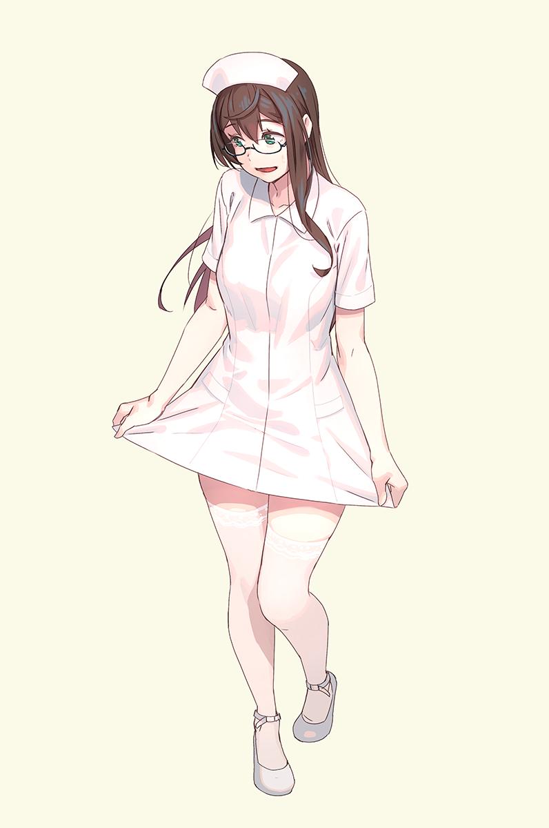 1girl alternate_costume bangs black_hair breasts commentary_request dress_pull eyebrows_visible_through_hair glasses green_eyes hair_between_eyes hat highres holding kantai_collection long_hair looking_down medium_breasts nurse nurse_cap ooyodo_(kantai_collection) open_mouth semi-rimless_eyewear short_sleeves simple_background smile solo sweatdrop thigh-highs under-rim_eyewear white_background white_legwear yuuji_(and)