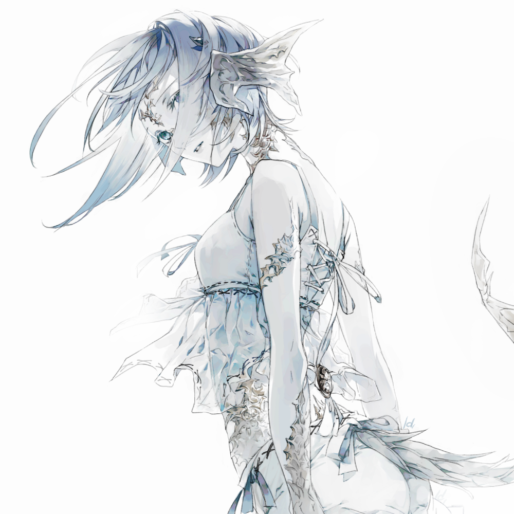 1girl ass au_ra bikini blue_eyes dragon_horns dragon_tail final_fantasy final_fantasy_xiv horns hug_ff14 looking_at_viewer parted_lips profile scales see-through solo swimsuit tail white_background white_bikini white_hair white_skin wind