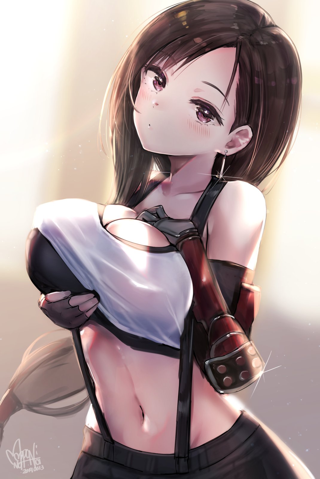 1girl bangs bare_shoulders black_hair black_skirt blush breast_lift breasts brown_eyes brown_hair collarbone commentary cowboy_shot dated earrings elbow_gloves elbow_pads final_fantasy final_fantasy_vii fingerless_gloves glint gloves hands_on_own_chest head_tilt highres jewelry large_breasts light_particles long_hair mappaninatta midriff miniskirt navel pencil_skirt red_eyes sidelocks signature skirt solo suspender_skirt suspenders tank_top tifa_lockhart