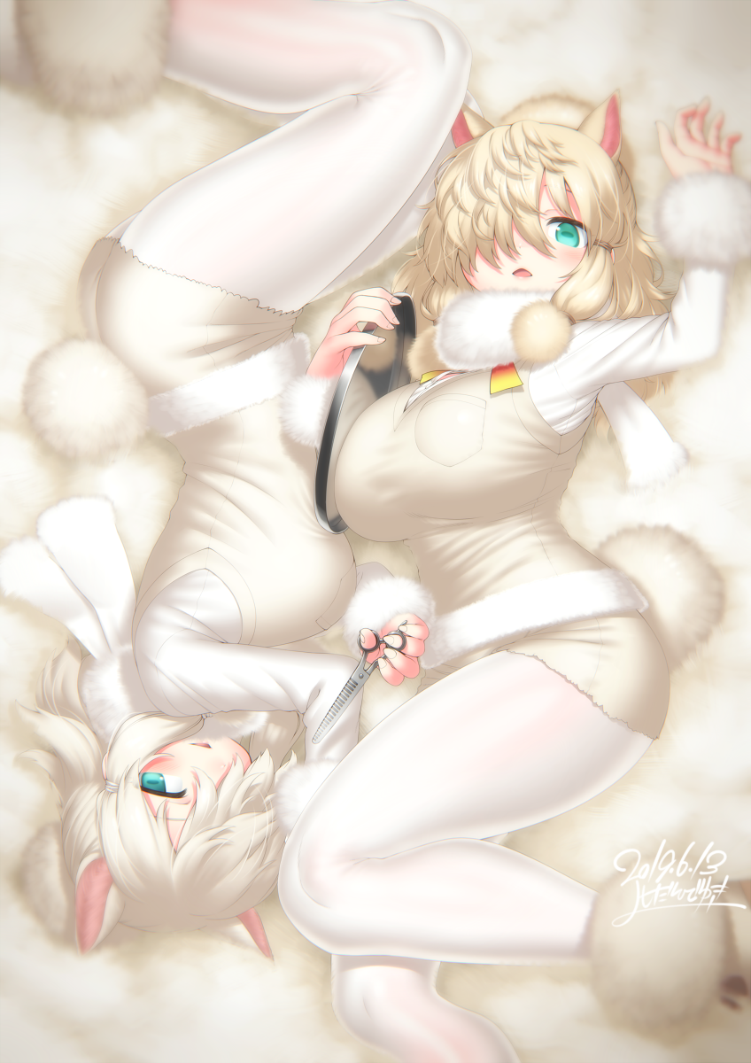 2girls alpaca_ears alpaca_suri_(kemono_friends) alpaca_tail alternate_hair_length alternate_hairstyle animal_ears arm_rest arm_up blonde_hair breast_pocket breasts commentary_request cutoffs dated dual_persona extra_ears feet_out_of_frame fingernails from_above fur-trimmed_footwear fur-trimmed_sleeves fur_scarf fur_trim green_eyes hair_bun hair_over_one_eye half-closed_eye hand_up hands_up highres holding holding_scissors holding_tray horizontal_pupils kemono_friends large_breasts legwear_under_shorts long_hair long_sleeves looking_at_viewer lying multiple_girls neck_ribbon on_side open_mouth pantyhose parted_lips platinum_blonde_hair pocket ribbon scarf scissors seductive_smile shirt shoes shorts sidelocks signature smile sweater_vest tail tray triangle_mouth twisted_torso white_legwear white_shirt yoshida_hideyuki