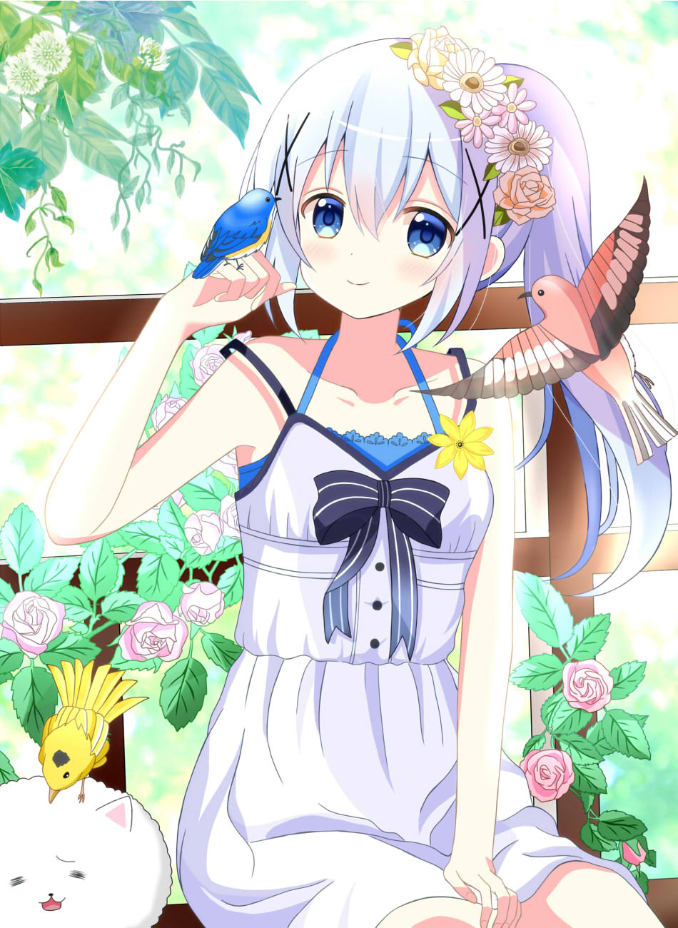 1girl angora_rabbit animal animal_on_head bangs bare_arms bare_shoulders bird bird_on_head blue_eyes blue_hair blush breasts closed_mouth collarbone commentary_request dress eyebrows_visible_through_hair flower gochuumon_wa_usagi_desu_ka? hair_between_eyes hair_flower hair_ornament highres kafuu_chino long_hair on_head pink_flower pink_rose rabbit rose ryoutan side_ponytail sidelocks sitting sleeveless sleeveless_dress small_breasts smile tippy_(gochiusa) white_dress white_flower x_hair_ornament