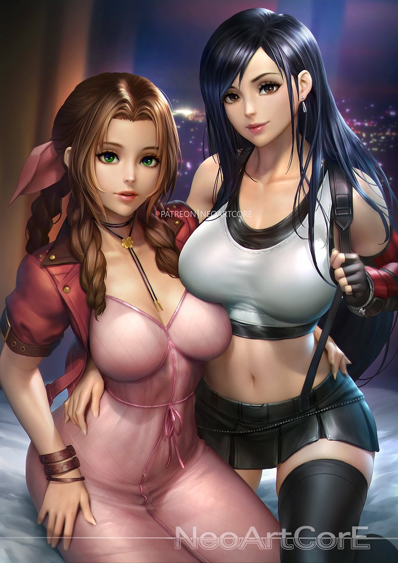 2girls aerith_gainsborough black_skirt bow braid breasts brown_hair cropped_jacket dress earrings elbow_gloves elbow_pads final_fantasy final_fantasy_vii fingerless_gloves gloves green_eyes hair_ornament hair_ribbon jewelry large_breasts long_dress long_hair looking_at_viewer low-tied_long_hair miniskirt multiple_girls nudtawut_thongmai pencil_skirt pink_bow pink_dress ponytail ribbon shirt single_braid skirt smile suspender_skirt suspenders tank_top taut_clothes taut_shirt tifa_lockhart