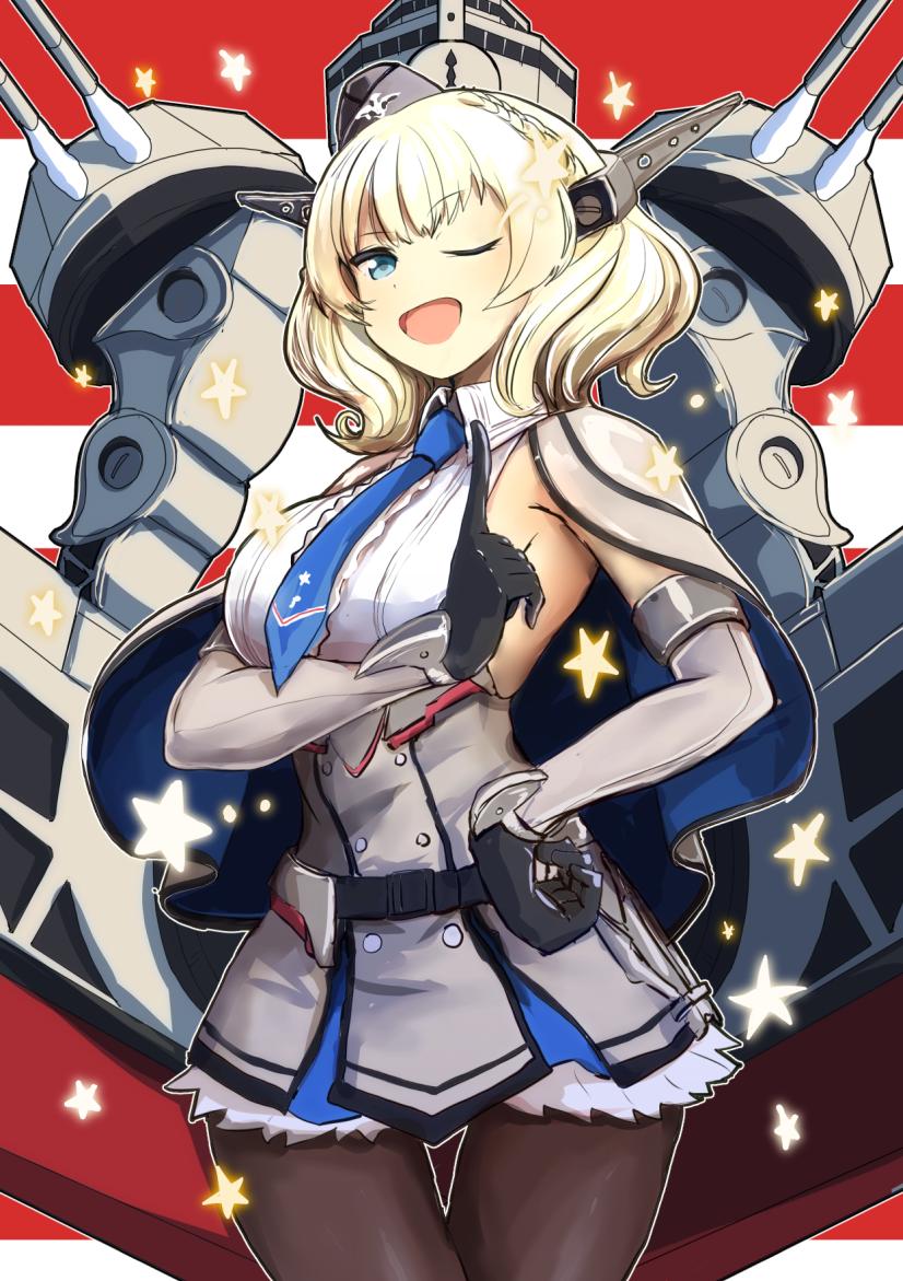 1girl bangs black_gloves black_legwear blonde_hair blue_eyes blue_neckwear blush boushi-ya braid breasts capelet clock colorado_(kantai_collection) dress elbow_gloves eyebrows_visible_through_hair garrison_cap gloves hat headgear kantai_collection one_eye_closed open_mouth pantyhose pointing rigging short_hair solo star striped striped_background