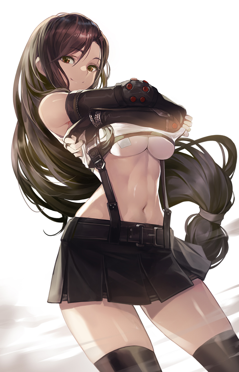 1girl bangs belt black_hair black_skirt blush breasts brown_eyes brown_hair buckle cowboy_shot elbow_gloves elbow_pads final_fantasy final_fantasy_vii fingerless_gloves gloves goomrrat highres large_breasts lifted_by_self long_hair low-tied_long_hair midriff navel pencil_skirt pleated_skirt red_eyes sidelocks skirt smile solo suspender_skirt suspenders tank_top tank_top_lift tifa_lockhart under_boob