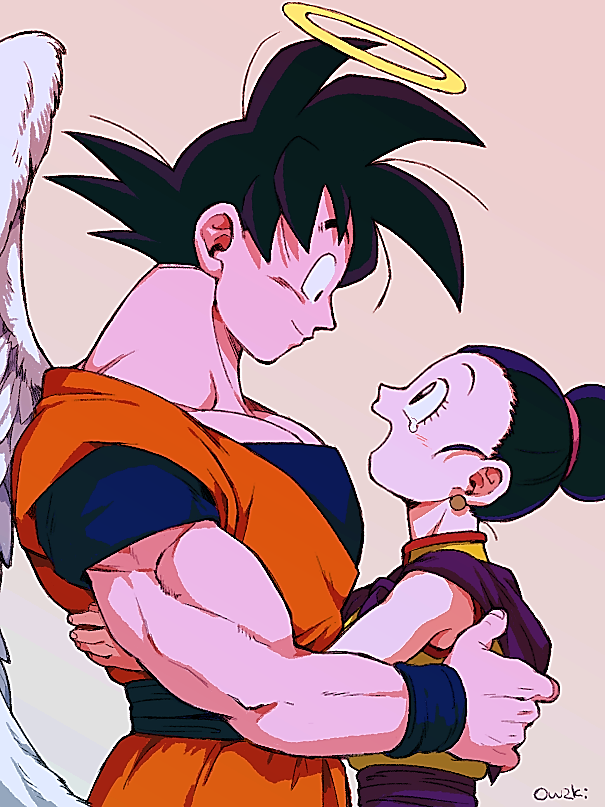 1boy 1girl :d angel_wings bare_arms bare_shoulders beige_background black_eyes black_hair chi-chi_(dragon_ball) china_dress chinese_clothes couple crying crying_with_eyes_open dougi dragon_ball dragon_ball_z dress earrings eye_contact eyelashes fingernails hair_bun halo hands_on_another's_back happy_tears hetero hug jewelry looking_at_another looking_up open_mouth outsuki pink_background profile simple_background sleeveless sleeveless_dress smile son_gokuu spiky_hair standing tears tied_hair twitter_username upper_body wings wristband
