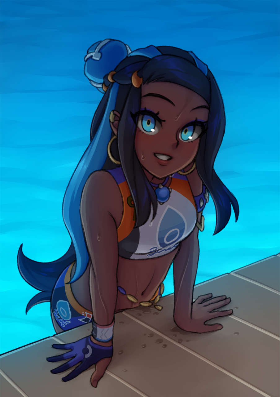 1girl armlet bare_shoulders black_hair blue_eyes blue_hair dark_skin earrings eyelashes eyeshadow gloves hair_bun highres hoop_earrings jewelry lips long_hair looking_at_viewer makeup midriff monorus multicolored_hair navel necklace parted_lips poke_ball_print pokemon pokemon_(game) pokemon_swsh pool poolside rurina_(pokemon) shorts single_glove smile solo sports_bra sportswear two-tone_hair water wet wristband