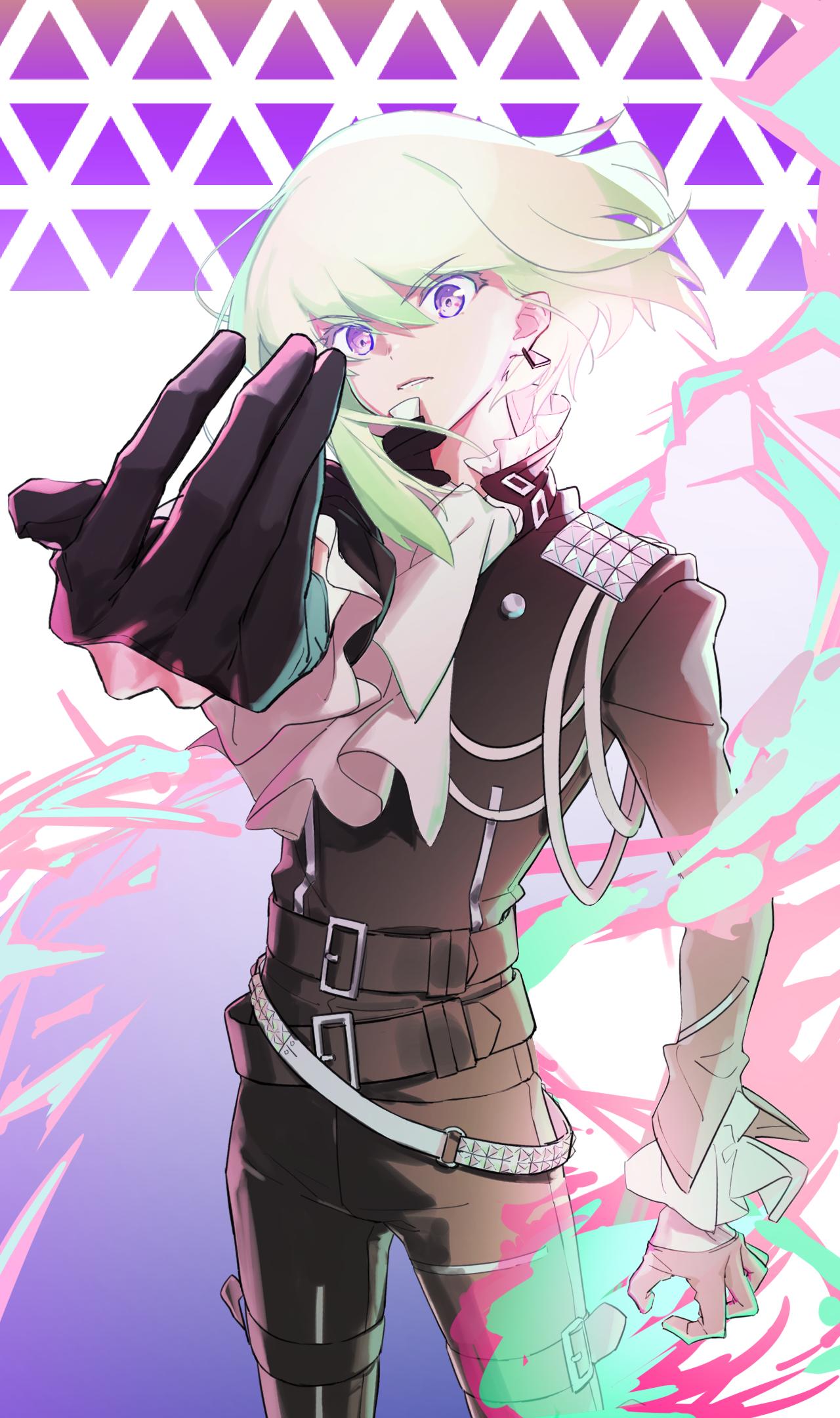 1boy ashita_kura belt black_gloves black_jacket blonde_hair cravat earrings fire gloves half_gloves highres jacket jewelry lio_fotia looking_at_viewer male_focus multiple_belts outstretched_arm promare solo violet_eyes