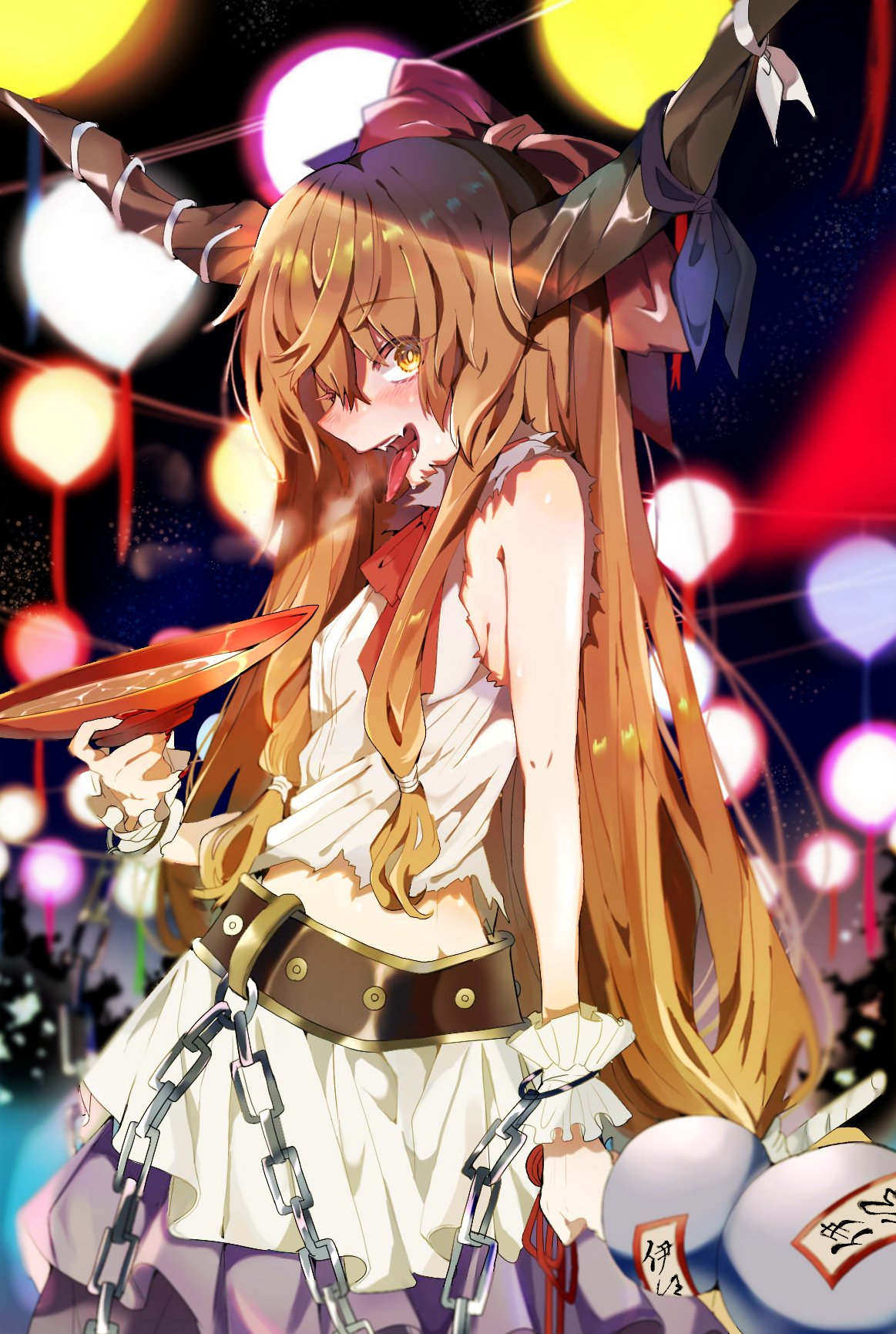 1girl :d alcohol bangs bare_arms bare_shoulders belt black_belt blue_ribbon blush bow breasts breath brown_eyes brown_hair chain cowboy_shot crop_top cuffs cup eyebrows_visible_through_hair fangs gourd hair_between_eyes hair_bow highres holding holding_cup horn_ribbon ibuki_suika long_hair looking_at_viewer low-tied_long_hair midriff miniskirt neck_ribbon night night_sky ofuda oni oni_horns open_mouth outdoors purple_skirt red_bow red_neckwear red_ribbon ribbon sakazuki sake satoupote shackles shirt sidelocks skirt sky sleeveless sleeveless_shirt small_breasts smile solo standing star_(sky) starry_sky tongue tongue_out touhou very_long_hair white_ribbon white_shirt wrist_cuffs