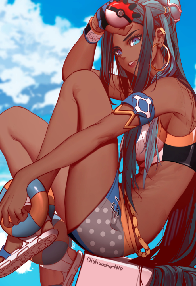 1girl abs aqua_eyes aqua_hair arm_up armlet bare_legs bare_shoulders barefoot_sandals blue_sky clouds dark_skin day dishwasher1910 ear_clip earrings from_side gloves hair_bun holding holding_poke_ball hoop_earrings jewelry knees_up light_smile lips long_hair looking_at_viewer looking_to_the_side midriff outdoors outstretched_arm parted_lips partly_fingerless_gloves poke_ball poke_ball_(generic) pokemon pokemon_(game) pokemon_swsh rurina_(pokemon) sandals shorts sidelocks single_glove sitting sky solo sports_bra sportswear stomach toned wristband