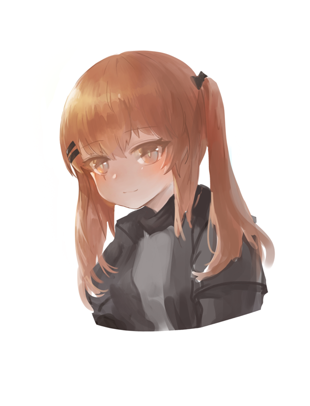 1girl bangs black_bow black_jacket blush bow brown_eyes brown_hair closed_mouth cropped_torso dokomon eyebrows_visible_through_hair girls_frontline grey_shirt hair_between_eyes hair_bow hair_ornament hairclip jacket long_hair looking_at_viewer open_clothes open_jacket scar scar_across_eye shirt simple_background smile solo twintails ump9_(girls_frontline) upper_body white_background