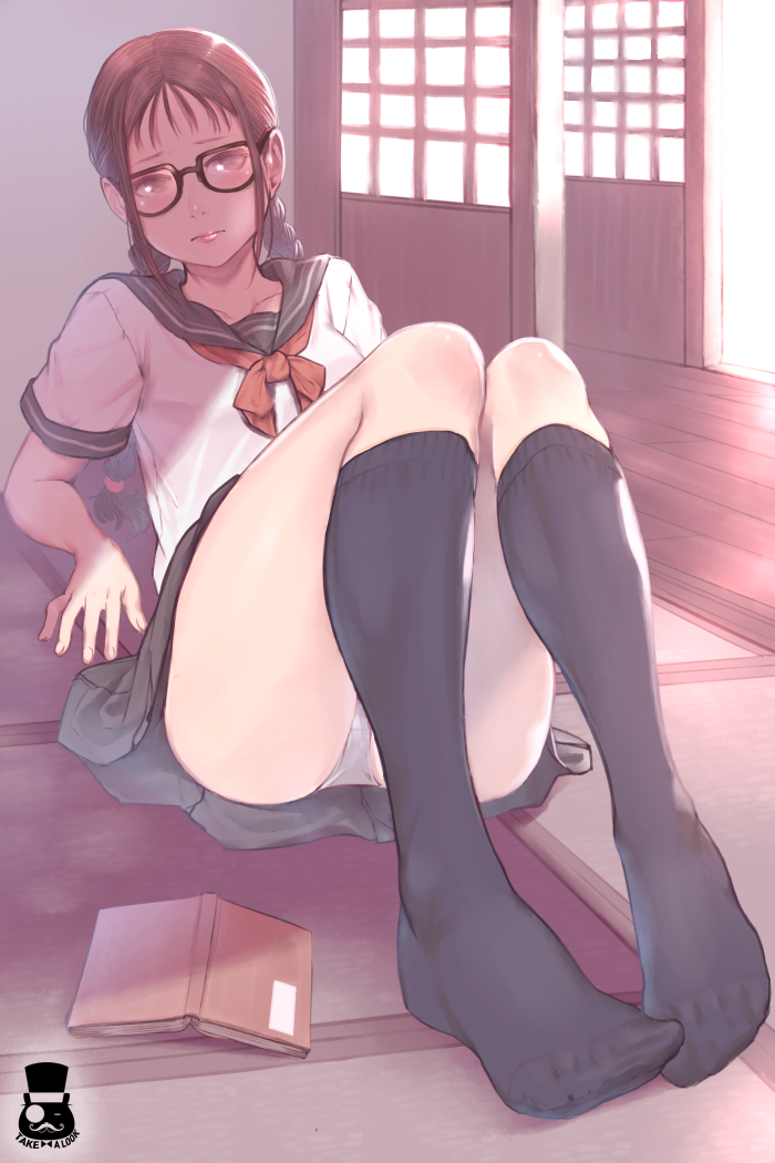 1girl artist_name black-framed_eyewear black_legwear black_skirt book braid brown_eyes brown_hair glasses indoors kneehighs knees_up looking_at_viewer mr.takealook original panties pantyshot pantyshot_(sitting) school_uniform serafuku shirt short_sleeves sitting skirt solo twin_braids twintails underwear watermark white_panties white_shirt