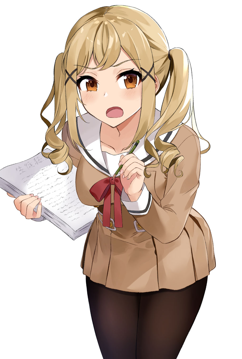 1girl asato_(fadeless) bang_dream! bangs black_legwear blonde_hair blush brown_dress brown_eyes commentary_request dress hair_ornament hanasakigawa_school_uniform highres holding holding_paper holding_pencil ichigaya_arisa leaning_forward long_hair long_sleeves looking_at_viewer neck_ribbon open_mouth pantyhose paper pencil pleated_dress red_neckwear ribbon sailor_dress school_uniform sidelocks simple_background solo twintails v-shaped_eyebrows white_background x_hair_ornament