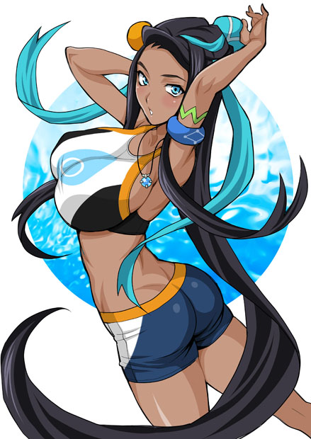 1girl armlet bare_shoulders beads bike_shorts black_hair blue_eyes blue_hair blush breasts dark_skin hair_ornament jewelry midriff multicolored_hair navel necklace parted_lips pokemon pokemon_(game) pokemon_swsh rurina_(pokemon) yukiyanagi