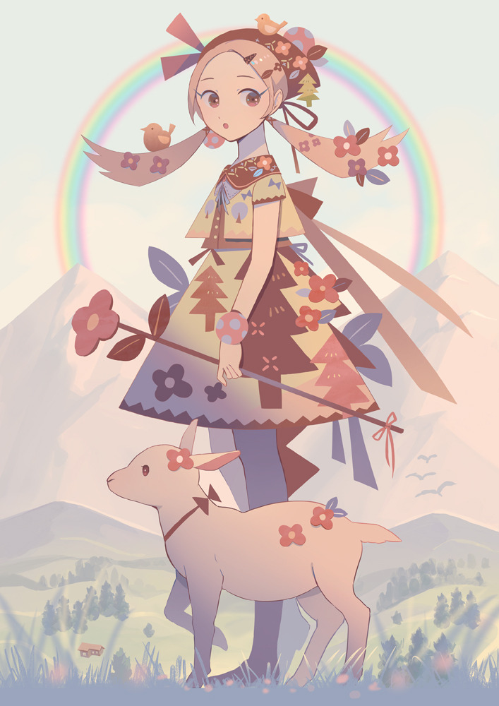1girl appi bird dress flower full_body grass hair_ornament hairclip holding lamb long_hair mountain original outdoors parted_lips rainbow red_flower short_sleeves solo standing tree twintails