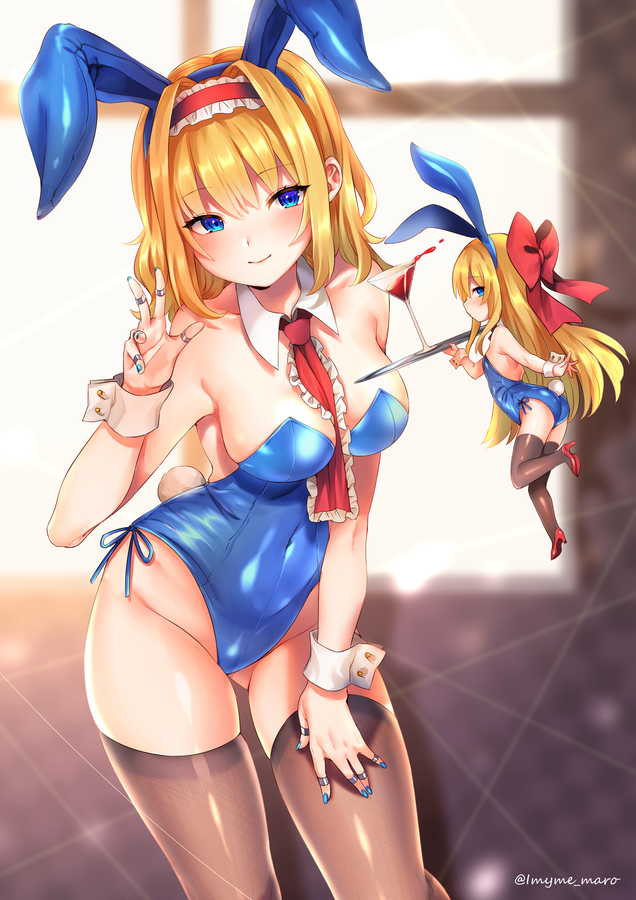 2girls alcohol alice_margatroid alternate_costume animal_ears artist_name ass ass_visible_through_thighs bangs bare_arms bare_shoulders blonde_hair blue_eyes blue_nails blush bow breasts brown_legwear bunny_tail bunnysuit cocktail_glass collarbone commentary_request covered_navel cowboy_shot cup detached_collar drinking_glass eyebrows_visible_through_hair fake_animal_ears fake_tail frilled_hairband frilled_neckwear frills groin hair_bow hairband hand_up high_heels holding holding_tray indoors lolita_hairband long_hair looking_at_viewer marota matching_shanghai medium_breasts multiple_girls nail_polish profile puppet_rings rabbit_ears red_bow red_footwear red_hairband red_neckwear shanghai_doll sheer_legwear short_hair sidelocks skindentation smile standing standing_on_one_leg tail thigh-highs thighs touhou tray twitter_username very_long_hair window wine wrist_cuffs