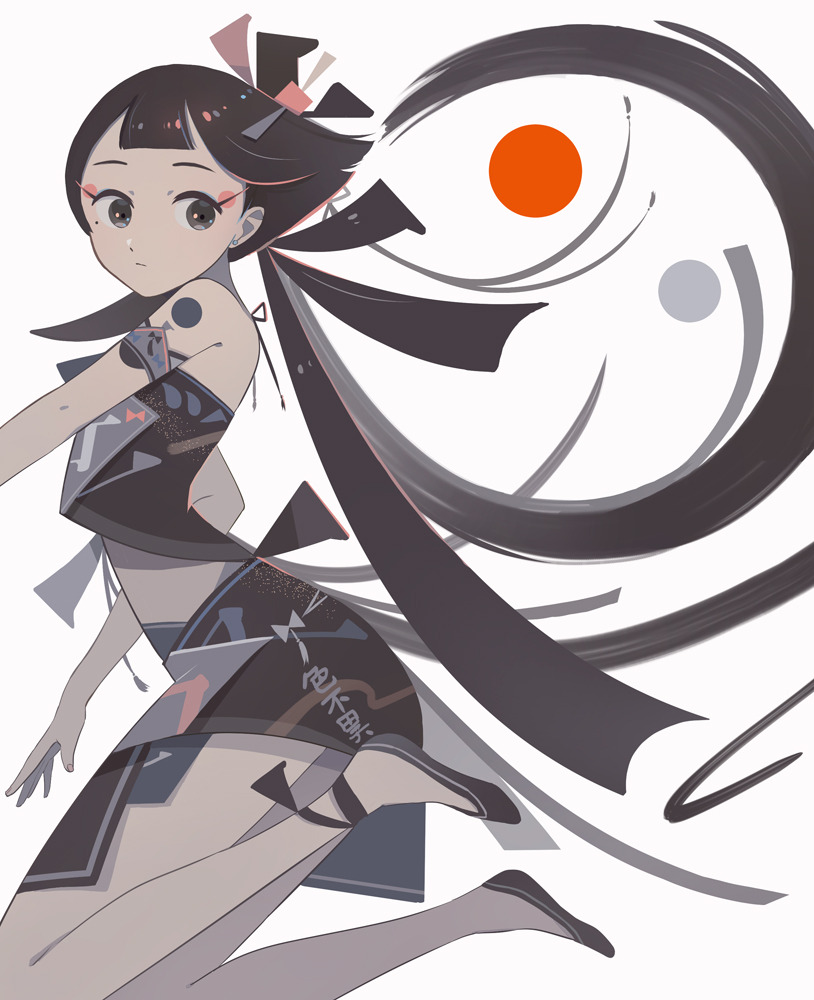 1girl appi bangs black_eyes black_footwear black_hair blunt_bangs expressionless legs_up long_hair original ponytail red_circle simple_background sleeveless solo very_long_hair white_background