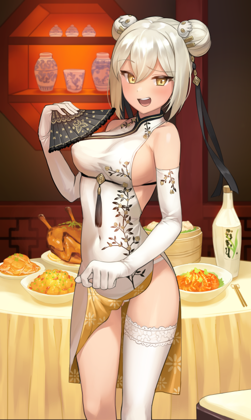 1girl :d bare_shoulders blush bottle bowl breasts chicken_(food) china_dress chinese_clothes chopsticks covered_nipples double_bun dress elbow_gloves fan floral_print food gloves hair_between_eyes hair_ornament kkamja looking_at_viewer open_mouth original panties platinum_blonde_hair sideboob single_thighhigh smile solo table teeth thigh-highs underwear white_gloves white_legwear white_panties yellow_eyes