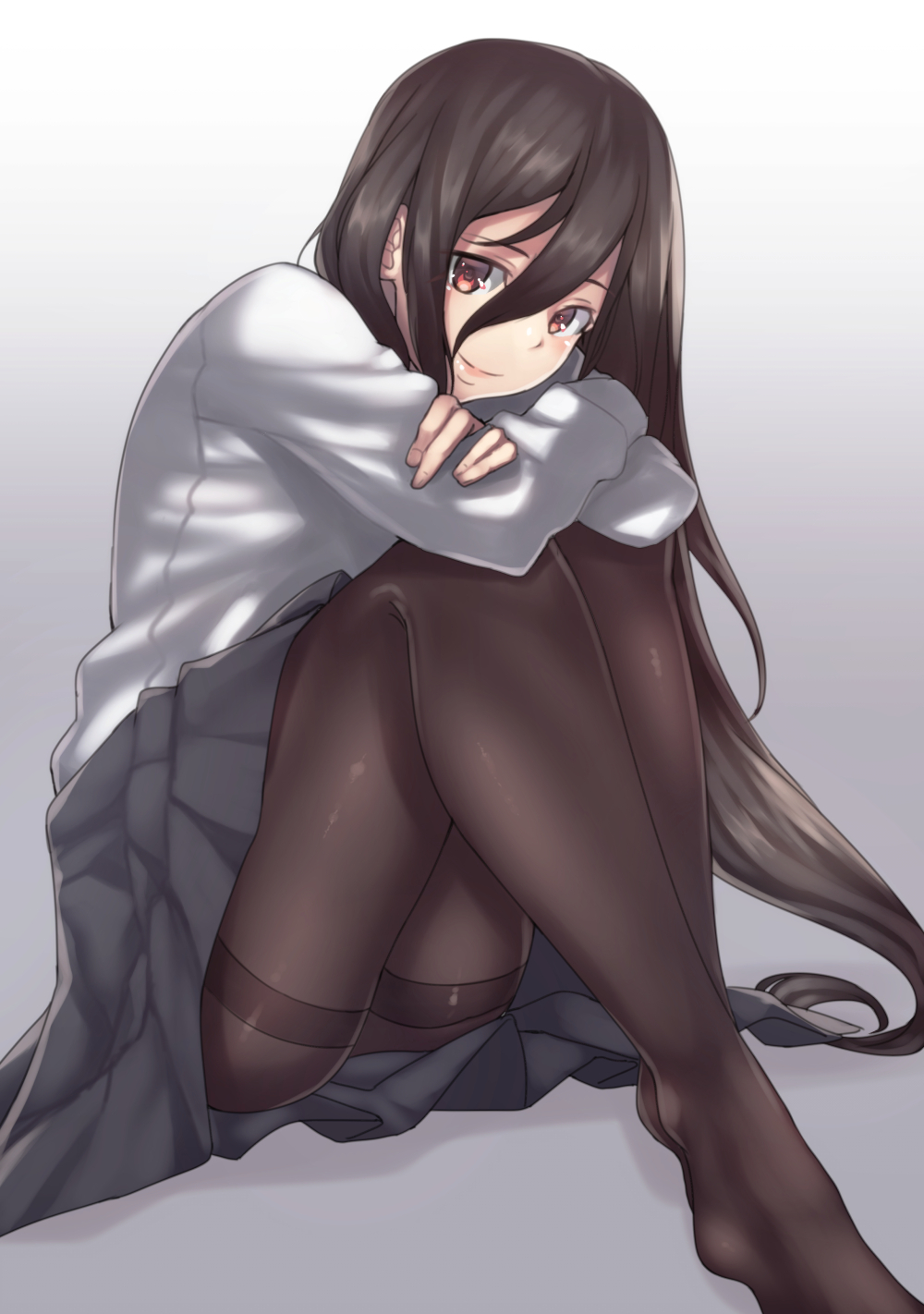 1girl anetai_toyone arms_on_knees black_hair black_legwear black_skirt closed_mouth commentary crossed_arms dress_shirt full_body gradient gradient_background grey_background hair_between_eyes highres legs long_hair long_sleeves looking_at_viewer miniskirt no_shoes pantyhose pleated_skirt red_eyes saki school_uniform shirt sitting skirt smile solo thighband_pantyhose very_long_hair white_shirt yamaori_(yamaorimon)