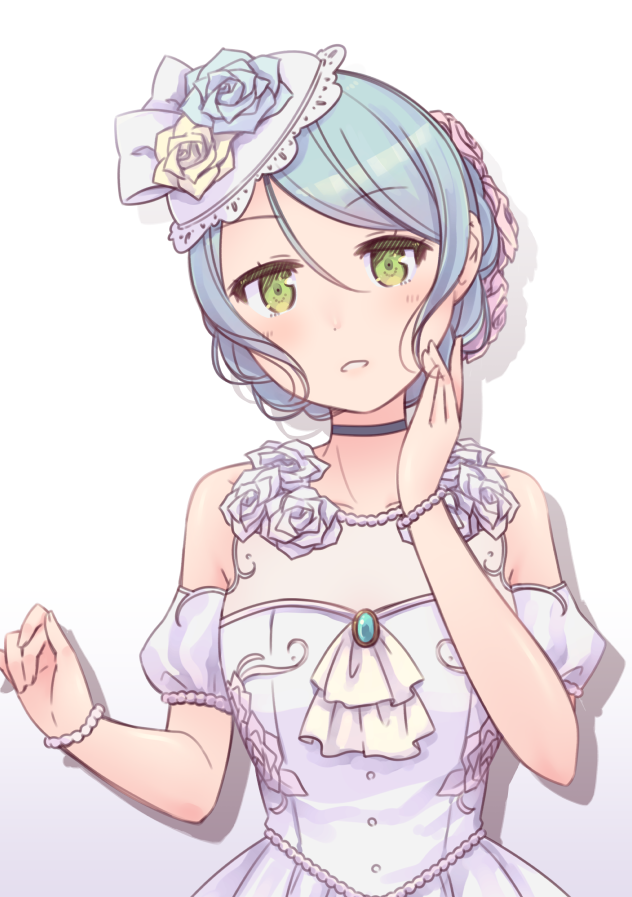 1girl aqua_hair ascot ayasaka bang_dream! black_choker blue_flower blue_rose bracelet braid choker commentary_request detached_sleeves dress flower green_eyes hair_flower hair_ornament hand_on_own_cheek hat hat_flower hat_ribbon hikawa_sayo jewelry lace-trimmed_hat looking_at_viewer necklace parted_lips pearl_bracelet pearl_necklace pink_flower pink_rose ribbon rose sidelocks solo tied_hair upper_body wedding_dress white_dress white_flower white_ribbon white_rose yellow_flower yellow_rose