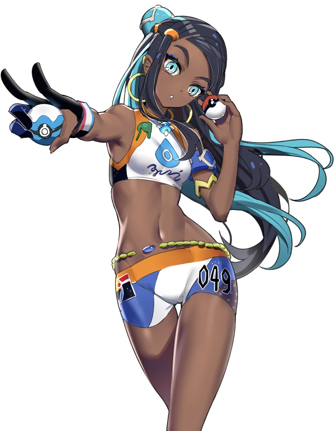 1girl :o armlet bare_shoulders bike_shorts black_gloves black_hair blue_eyes blue_hair blue_shorts blush breasts commentary crop_top dark_skin forehead gloves hair_bun hair_ornament half_gloves hand_up head_tilt highres holding holding_poke_ball long_hair looking_at_viewer multicolored_hair navel outstretched_arm parted_lips partly_fingerless_gloves poke_ball poke_ball_(generic) pokemon pokemon_(game) pokemon_swsh ririko_(zhuoyandesailaer) rurina_(pokemon) shirt short_shorts shorts simple_background single_glove sleeveless sleeveless_shirt small_breasts solo sportswear stomach two-tone_hair very_long_hair white_background