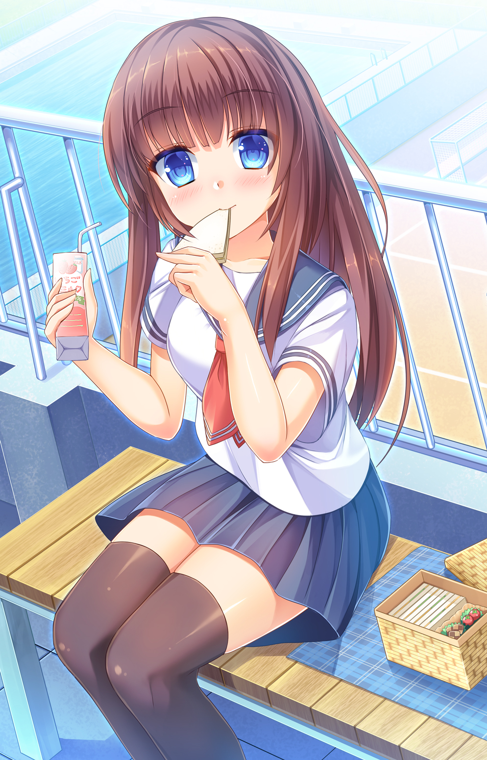 1girl bangs bendy_straw blue_eyes blue_sailor_collar blue_skirt blush brown_hair brown_legwear closed_mouth collarbone commentary_request day drinking_straw eating eyebrows_visible_through_hair food food_in_mouth goal highres holding holding_food long_hair looking_at_viewer neckerchief original outdoors pleated_skirt pool red_neckwear sailor_collar sandwich school_uniform serafuku shirt short_sleeves skirt solo thigh-highs umitonakai very_long_hair water white_shirt