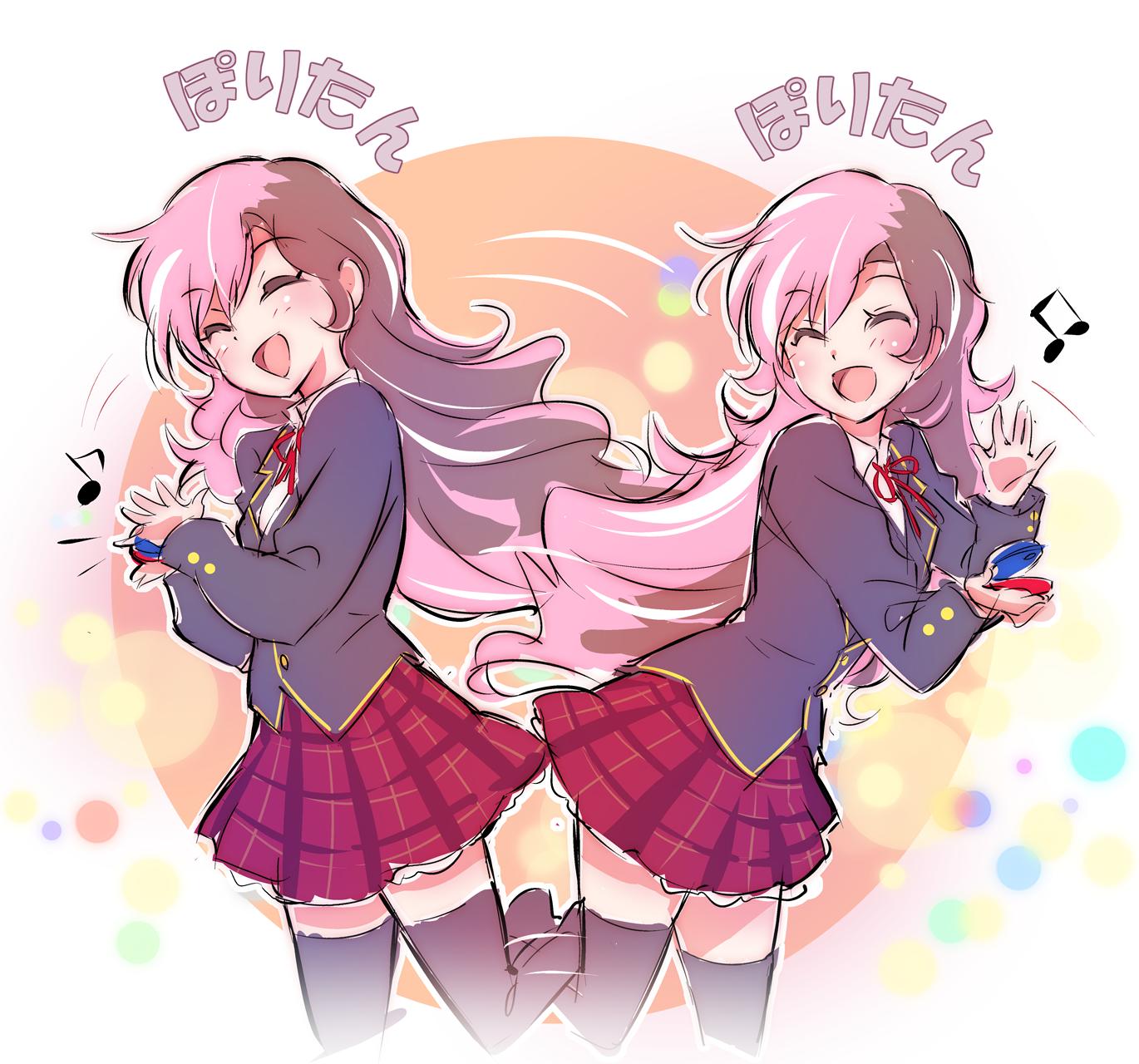 1girl alternate_costume beamed_eighth_notes black_legwear blazer blush brown_hair castanets closed_eyes commentary cropped_legs eighth_note highres iesupa instrument jacket k-on! long_hair long_sleeves motion_lines multicolored_hair music musical_note neck_ribbon neo_(rwby) open_mouth parody petticoat pink_hair plaid plaid_skirt playing_instrument polka_dot polka_dot_background red_neckwear ribbon rwby school_uniform shirt skirt smile solo standing standing_on_one_leg tagme thigh-highs translated un_tan very_long_hair white_shirt zettai_ryouiki