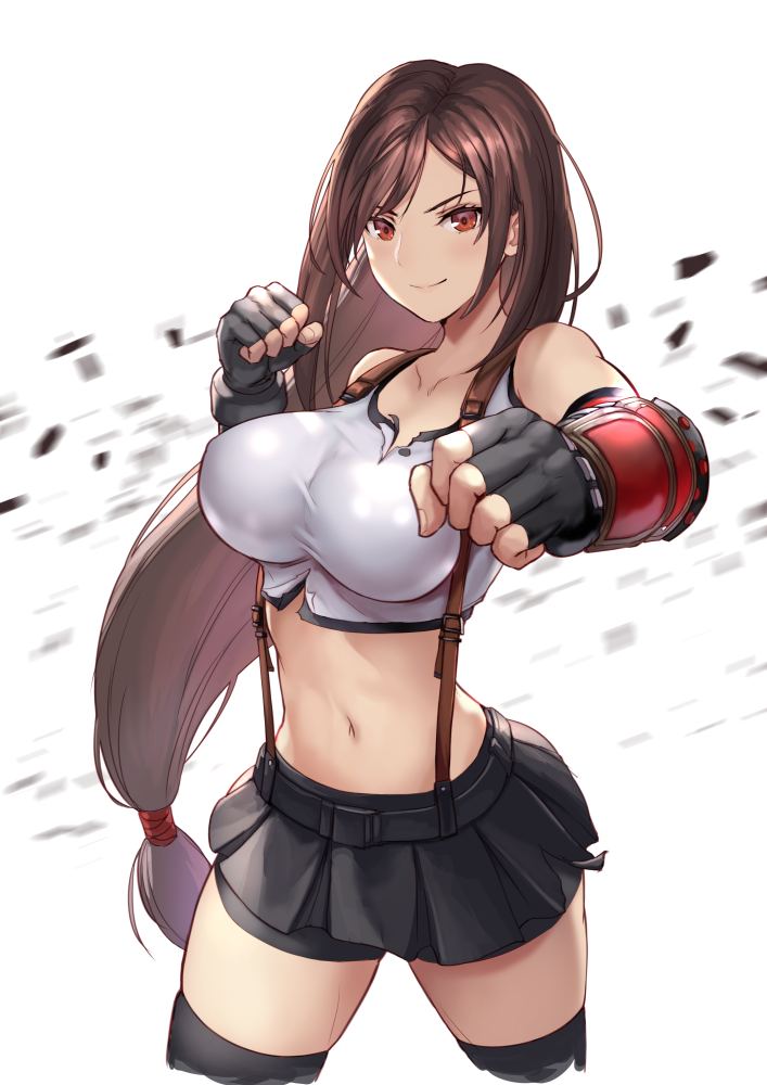 1girl bare_shoulders bike_shorts black_skirt blush breasts brown_eyes brown_hair clenched_hands collarbone cowboy_shot crossed_legs final_fantasy final_fantasy_vii final_fantasy_vii_remake fingerless_gloves gloves large_breasts long_hair low-tied_long_hair maekawa_yuichi navel pleated_skirt shorts shorts_under_skirt simple_background skirt smile solo stomach suspender_skirt suspenders tank_top thigh-highs tifa_lockhart undershirt white_background