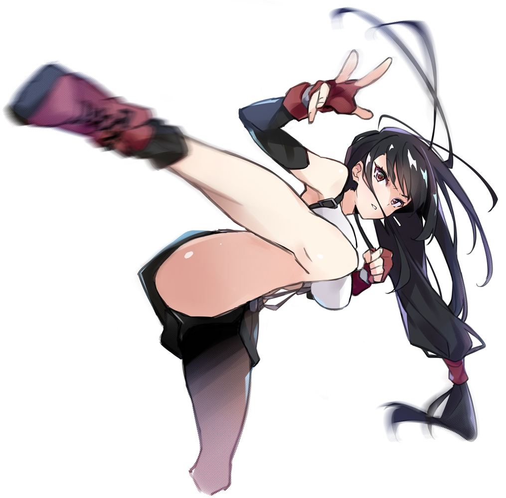 1girl arm_warmers armpits bare_legs bike_shorts black_hair black_skirt breasts brown_eyes cowboy_shot crop_top cross-laced_footwear final_fantasy final_fantasy_vii fingerless_gloves gloves hayakawa_harui kicking long_hair looking_at_viewer low-tied_long_hair medium_breasts miniskirt motion_blur parted_lips red_footwear red_gloves shoes shorts shorts_under_skirt simple_background skirt solo standing standing_on_one_leg suspenders tifa_lockhart white_background