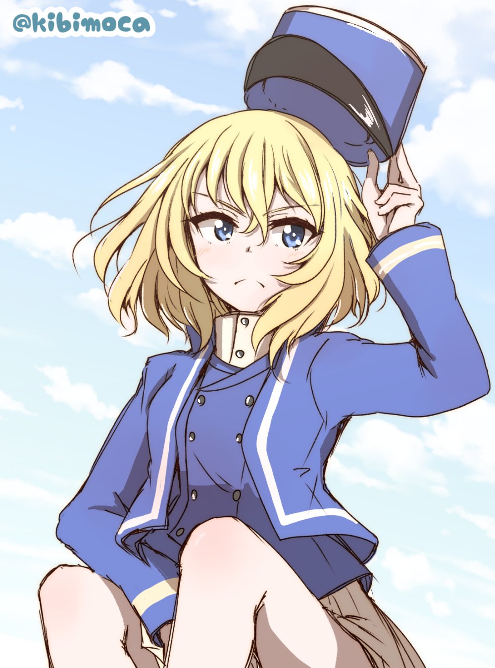 1girl bangs bc_freedom_military_uniform blonde_hair blue_eyes blue_headwear blue_jacket blue_sky blue_vest closed_mouth clouds cloudy_sky commentary day dress_shirt eyebrows_visible_through_hair frown girls_und_panzer hat hat_removed headwear_removed high_collar highres holding holding_hat jacket kibimoka long_sleeves looking_at_viewer medium_hair messy_hair military military_hat military_uniform miniskirt no_emblem oshida_(girls_und_panzer) outdoors pleated_skirt shako_cap shirt sitting skirt sky solo twitter_username uniform v-shaped_eyebrows vest white_shirt white_skirt