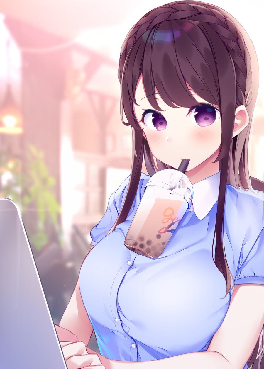 1girl bangs blue_shirt blurry blurry_background blush braid breasts brown_hair bubble_tea chikuwa. collared_shirt commentary computer cup depth_of_field disposable_cup dress_shirt drinking_straw eyebrows_visible_through_hair highres indoors laptop long_hair looking_at_viewer medium_breasts original parted_lips shirt shorts solo tawawa_challenge upper_body very_long_hair violet_eyes
