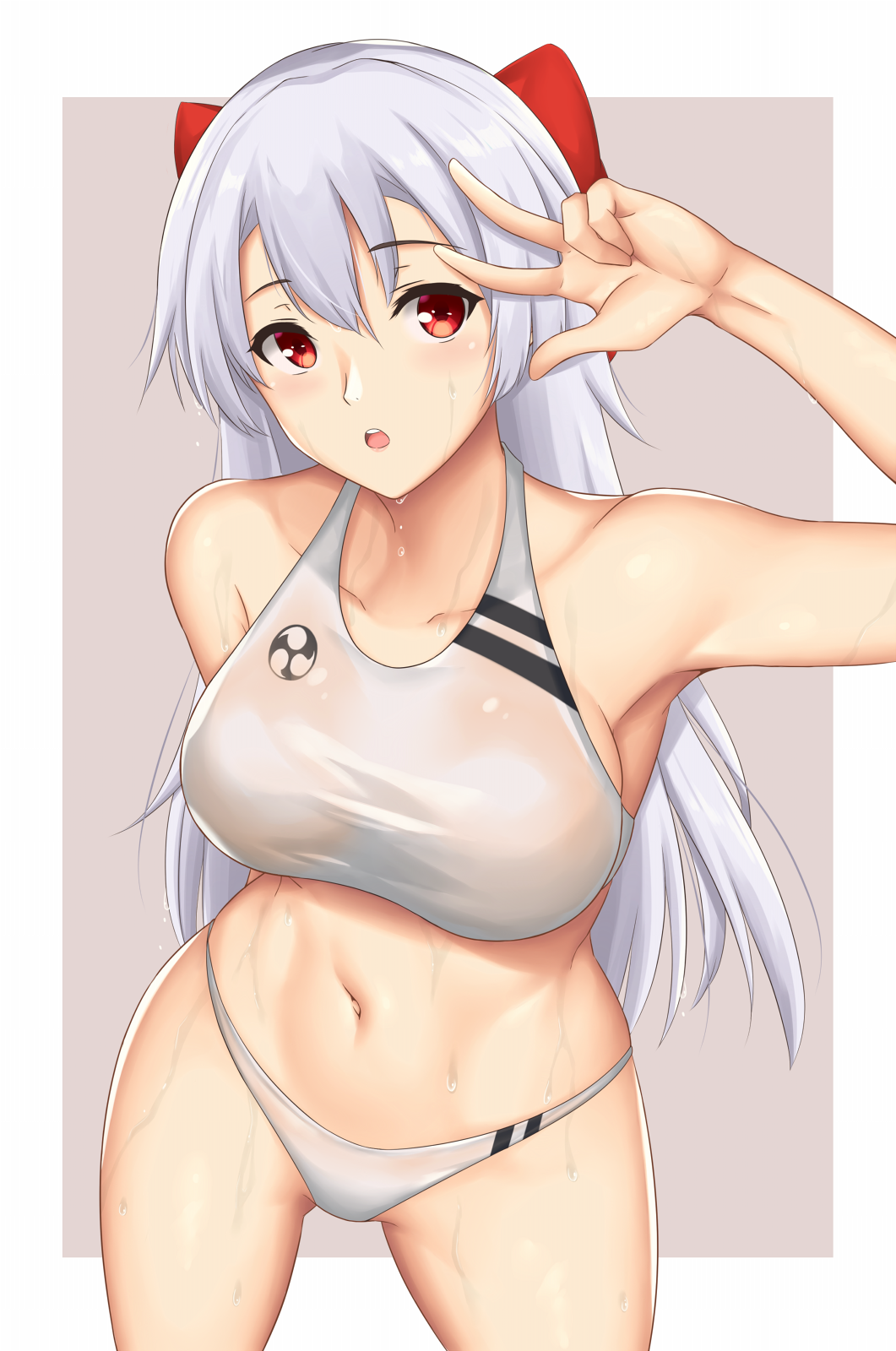 1girl arciealbano bangs blush breasts collarbone cowboy_shot fate/grand_order fate_(series) groin hair_between_eyes hair_ribbon hand_up highres large_breasts long_hair looking_at_viewer navel open_mouth ponytail red_eyes ribbon sidelocks silver_bikini silver_hair smile solo stomach swimsuit tomoe_gozen_(fate/grand_order) very_long_hair wet