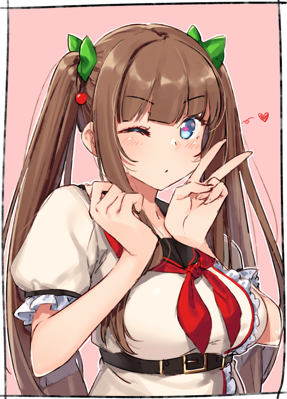 .live 1girl bangs belt belt_buckle black_belt black_sailor_collar blue_eyes blush bow breasts brown_hair buckle closed_mouth eyebrows_visible_through_hair green_bow hair_bow hands_up heart highres kakyouin_chieri kei_(soundcross) large_breasts long_hair neckerchief one_eye_closed pink_background puffy_short_sleeves puffy_sleeves red_neckwear sailor_collar school_uniform serafuku shirt short_sleeves solo twintails upper_body v v-shaped_eyebrows very_long_hair virtual_youtuber white_shirt