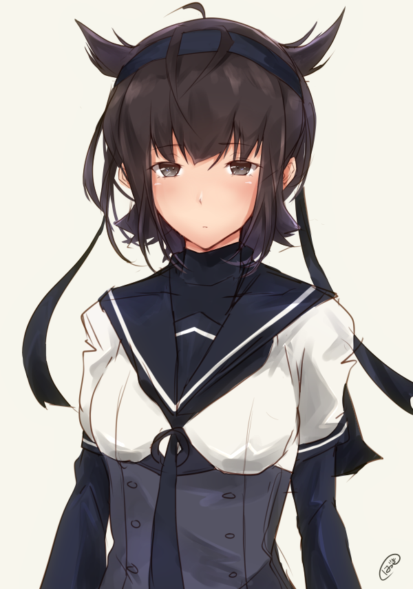 1girl anchor_symbol black_bodysuit black_gloves black_legwear bodysuit brown_hair commentary_request corset gloves hachimaki hair_flaps hatsuzuki_(kantai_collection) hazuki_futahi headband kantai_collection neckerchief sailor_collar school_uniform serafuku short_hair simple_background solo upper_body white_background yellow_eyes