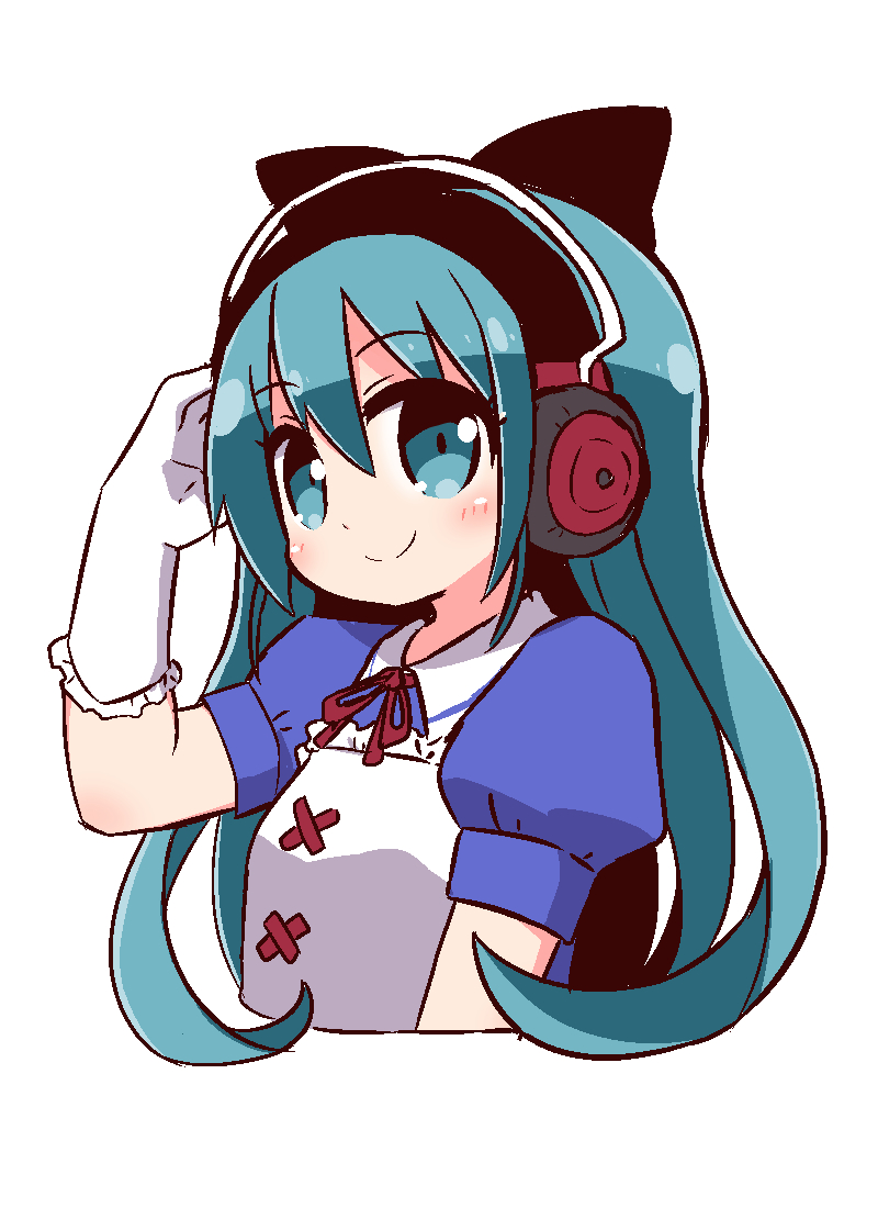 1girl arm_up ayasaki_yuu_(band_brothers) bangs black_bow blue_eyes blue_hair blue_shirt blush bow closed_mouth collared_shirt cropped_torso cute daigasso!_band_brothers daigasso!_band_brothers_p dress elbow_gloves eyebrows_visible_through_hair gloves hair_between_eyes hair_bow headphones intelligent_systems long_hair moe naga_u neck_ribbon nintendo puffy_short_sleeves puffy_sleeves red_ribbon ribbon shirt short_sleeves simple_background smile solo upper_body white_background white_dress white_gloves