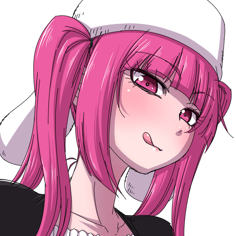 1girl bleach blush breasts commentary_request dokugamine_riruka hanya_(hanya_yashiki) hat long_hair looking_at_viewer naughty_face pink_eyes pink_hair shiny shiny_skin simple_background smile solo tongue tongue_out twintails white_background