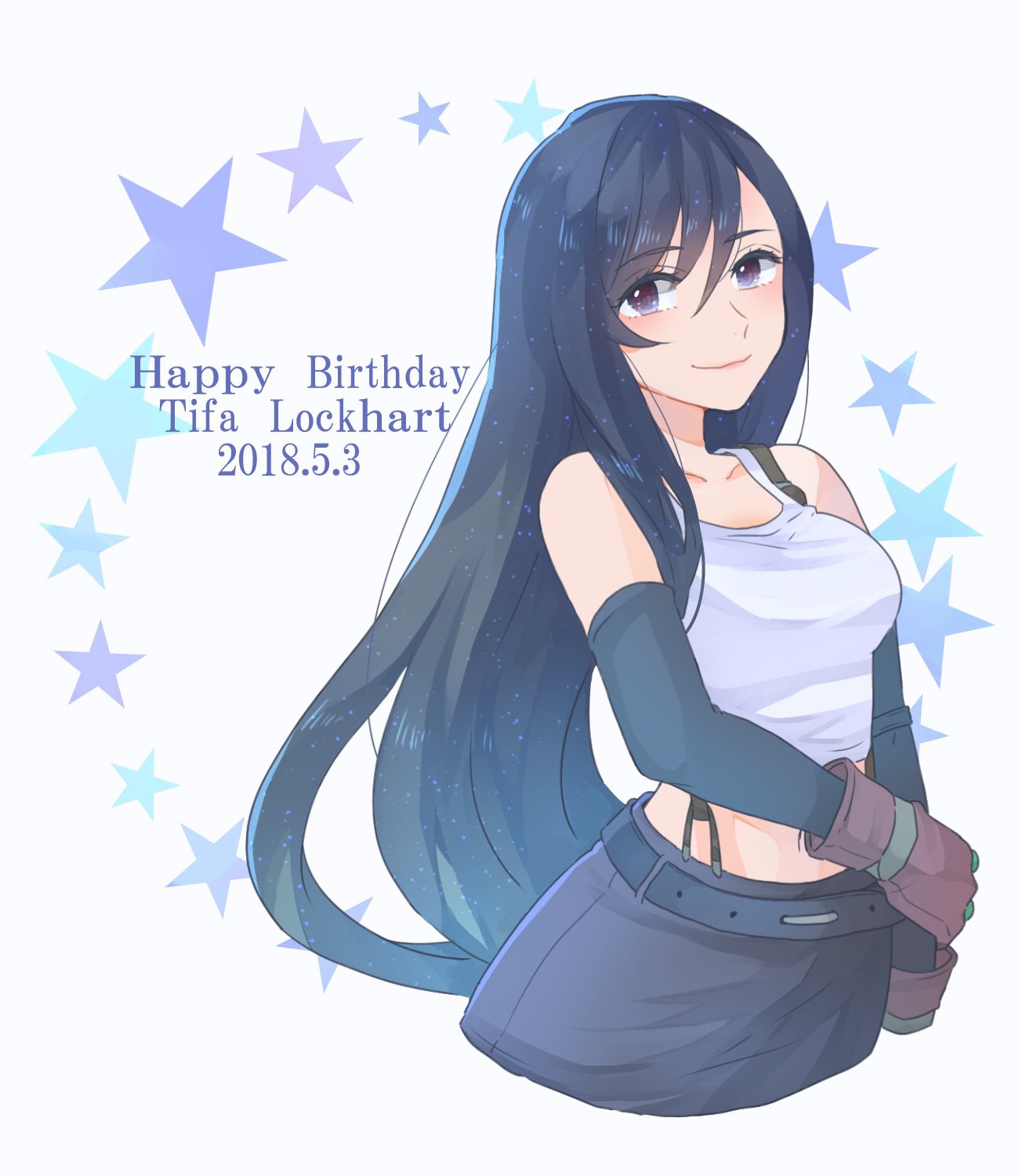 1girl 2018 bangs bare_shoulders belt black_belt black_hair black_skirt character_name closed_mouth crop_top eyebrows_visible_through_hair final_fantasy final_fantasy_vii hair_between_eyes happy_birthday highres long_hair looking_at_viewer miniskirt shirt skirt smile solo star suspender_skirt suspenders tank_top tifa_lockhart toufu_(toufu_53) very_long_hair violet_eyes white_background white_shirt