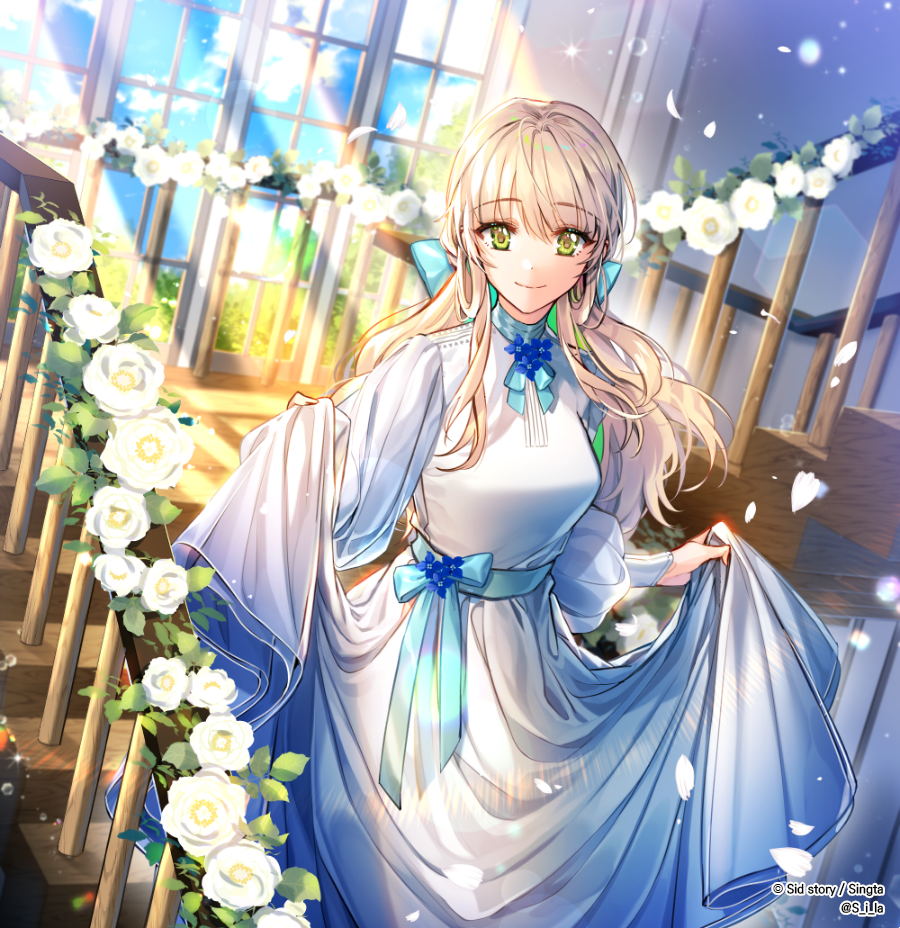 1girl blonde_hair blue_flower blue_ribbon blue_sky breasts commentary_request dress flower green_eyes hair_ribbon holding holding_dress interitio looking_at_viewer medium_breasts official_art petals ribbed_dress ribbon sid_story sky smile stairs sunlight twitter_username white_dress white_flower window