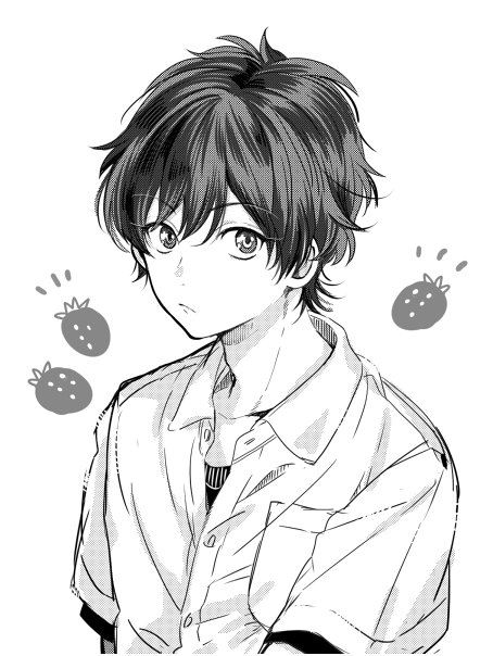1boy breast_pocket character_request collared_shirt commentary_request copyright_request frown ito22oji looking_at_viewer male_focus monochrome pocket shirt short_sleeves simple_background solo strawberry_background upper_body white_background
