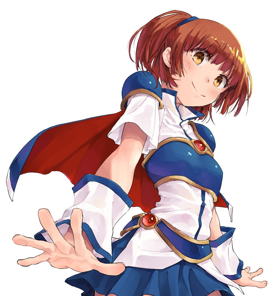 1girl arle_nadja armor armored_dress blue_skirt blush brown_eyes brown_hair cape closed_mouth commentary cowboy_shot from_behind half_updo looking_at_viewer miniskirt ponytail puyopuyo ryuunosuke_(luckyneco) shirt short_hair short_ponytail shoulder_armor simple_background skirt smile solo white_background white_shirt wrist_cuffs yellow_eyes