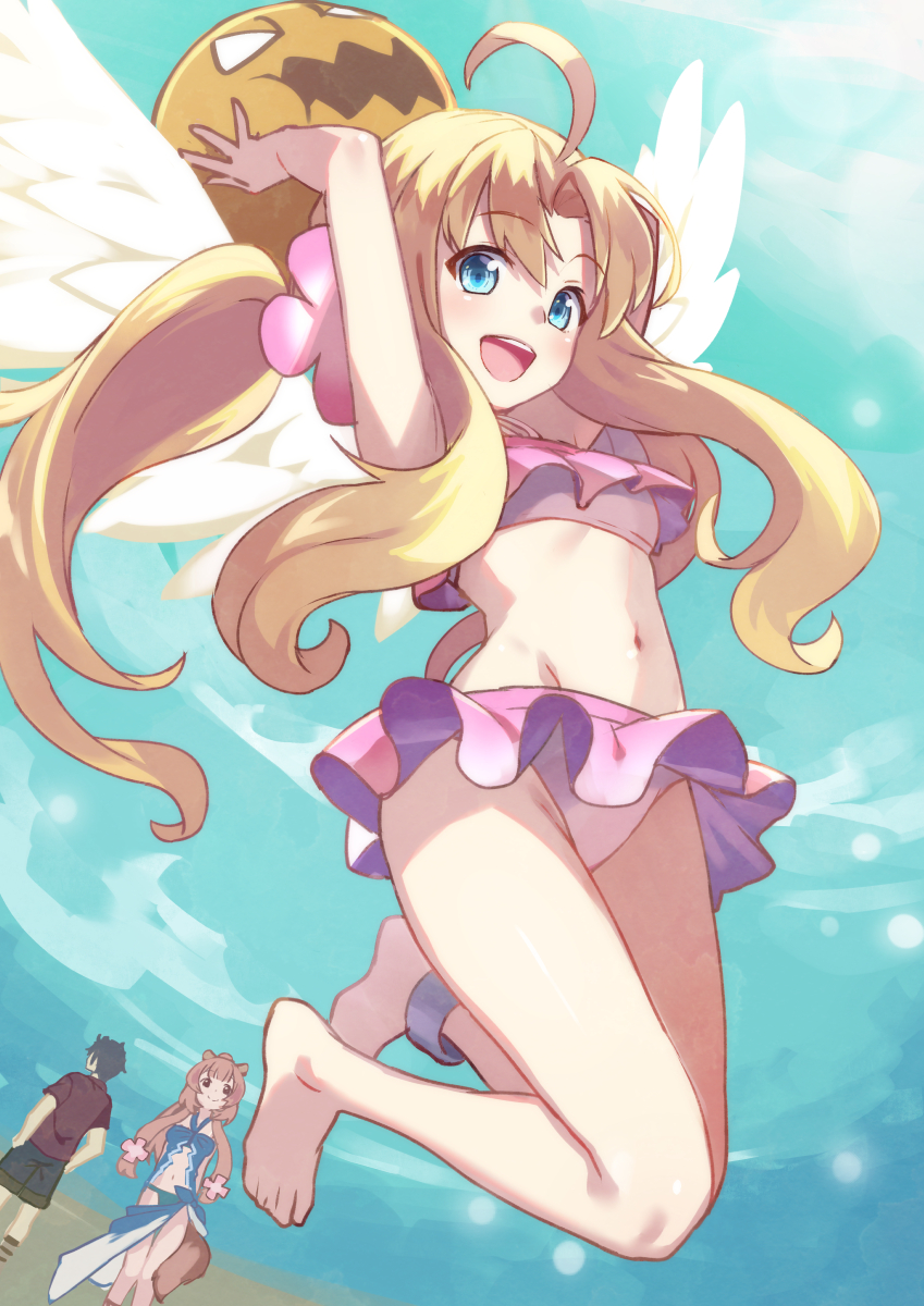 1boy 2girls :d ahoge arms_up ball barefoot beach beachball bikini bird_wings blonde_hair blue_sky blush breasts day feet firo_(tate_no_yuusha_no_nariagari) frilled_bikini frills full_body happy highres holding holding_ball iwatani_naofumi jumping multiple_girls navel open_mouth pink_bikini raphtalia sky small_breasts smile swimsuit tate_no_yuusha_no_nariagari tokumaro twintails wings