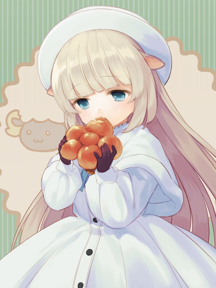 .live 1girl animal_ears bangs black_gloves blue_eyes blunt_bangs bread capelet commentary cowboy_shot dress eating eyebrows_visible_through_hair food fur-trimmed_capelet fur_trim gloves hat holding holding_food long_hair long_sleeves merry_milk merry_milk_no_mori mizuto_umi_(blue_monday) puffy_sleeves sheep_ears silver_hair solo very_long_hair virtual_youtuber white_dress white_headwear