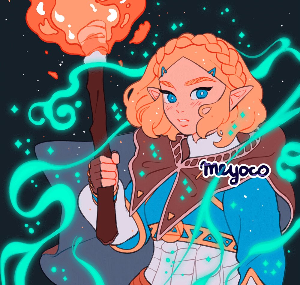 1girl artist_name blonde_hair blue_eyes blush braid cape fingerless_gloves gloves hair_ornament hairclip holding holding_torch looking_at_viewer meyoco parted_lips pointy_ears princess_zelda short_hair solo sparkle the_legend_of_zelda the_legend_of_zelda:_breath_of_the_wild_2 thick_eyebrows torch upper_body
