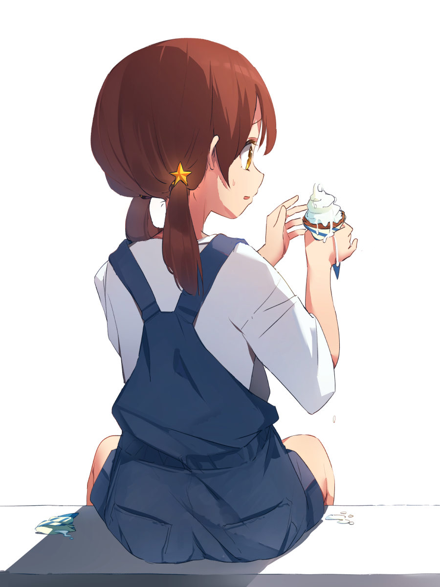 1girl blue_dress brown_eyes brown_hair commentary_request dress food from_behind highres hoshizora_ayase ice_cream long_hair low_twintails melting original shirt short_dress simple_background sitting solo twintails white_background white_shirt