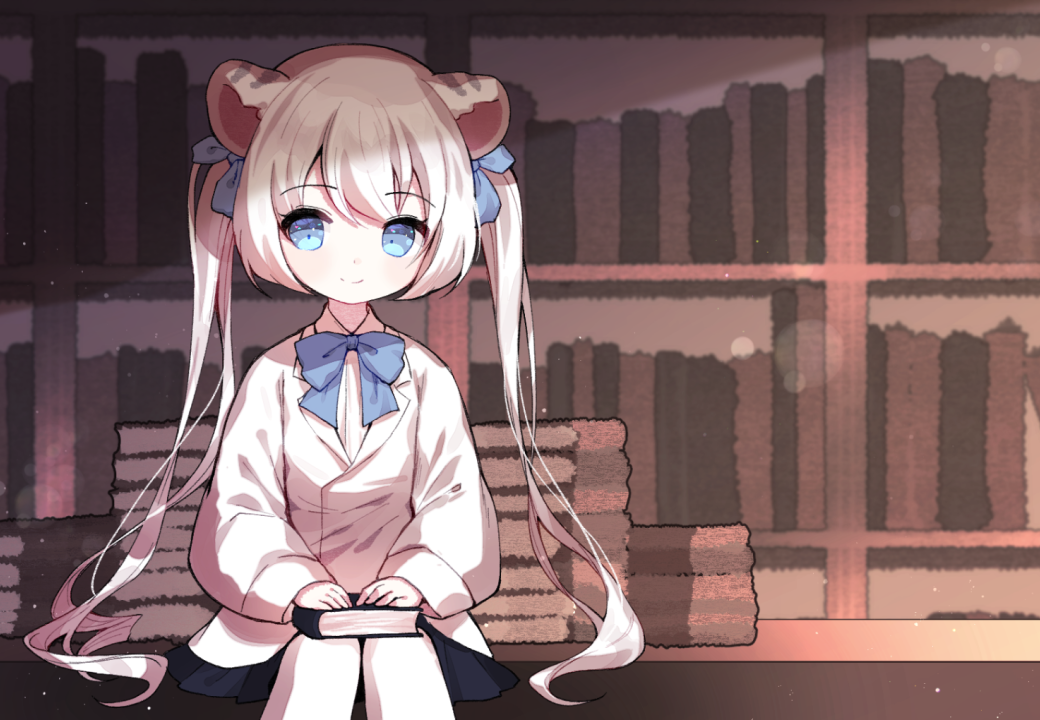 1girl animal_ears bangs black_skirt blue_bow blue_eyes book bookshelf bow closed_mouth collared_shirt commentary commission eyebrows_visible_through_hair hair_between_eyes hair_bow jacket long_hair long_sleeves mechuragi original pantyhose pleated_skirt puffy_long_sleeves puffy_sleeves shirt sitting skirt sleeves_past_wrists smile solo tiger_ears twintails very_long_hair white_hair white_jacket white_legwear white_shirt