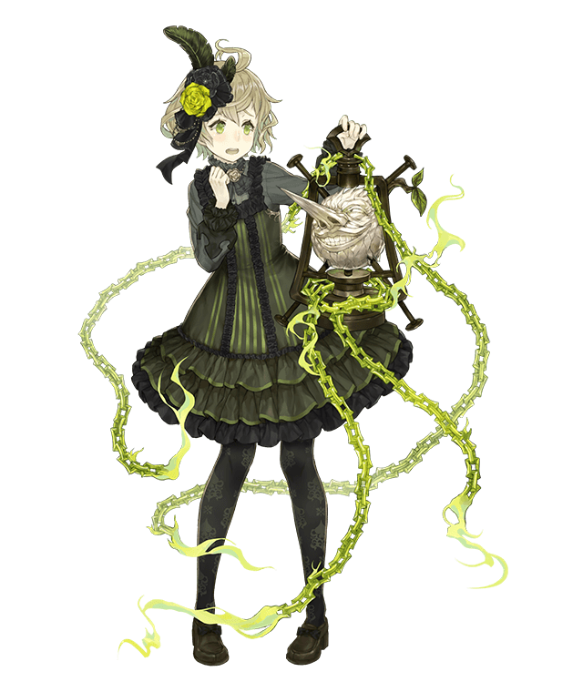 1boy ahoge chain crossdressinging dress feathers flower frilled_dress frills full_body green_eyes green_hair grin hair_feathers hair_flower hair_ornament ji_no lantern long_nose mary_janes official_art otoko_no_ko pantyhose pigeon-toed pinocchio_(sinoalice) shoes sinoalice smile solo transparent_background upper_teeth