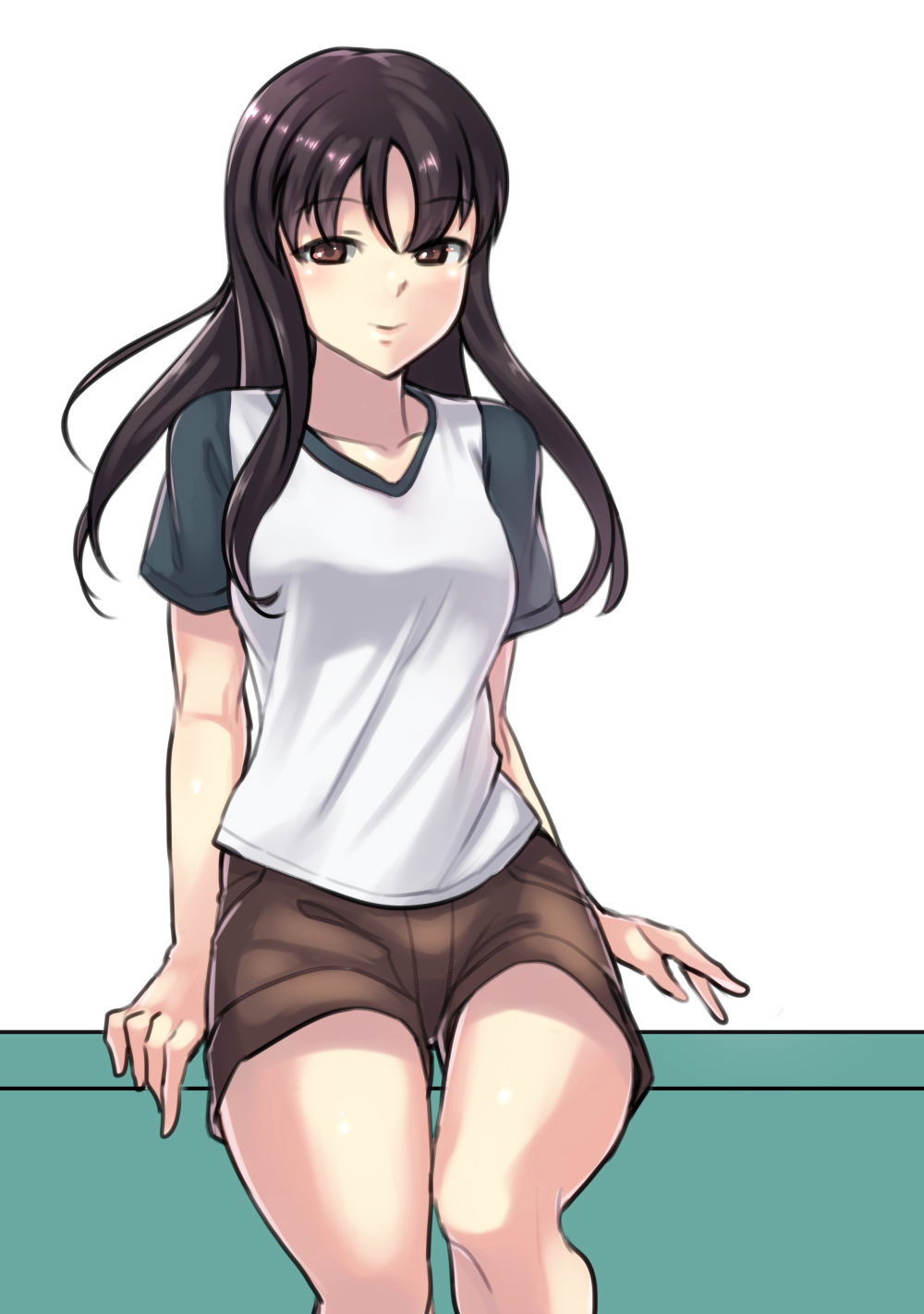 1girl akasaka_ikuno arm_support bangs black_hair brown_shorts closed_mouth commentary_request denim denim_shorts eyebrows_visible_through_hair half-closed_eyes highres long_hair looking_at_viewer raglan_sleeves red_eyes saki shirt short_sleeves shorts sitting smile solo t-shirt thighs white_background yamaori_(yamaorimon)