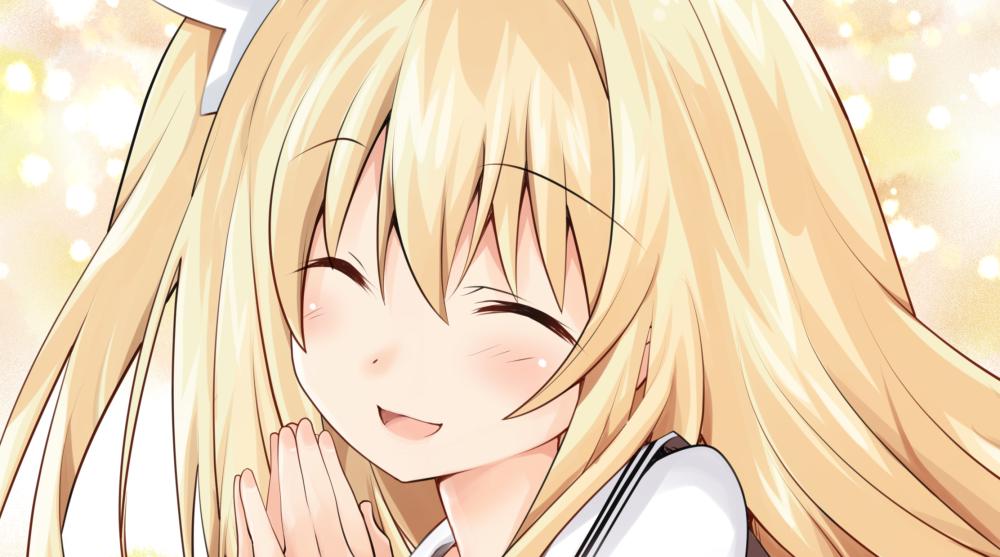 1girl blonde_hair blush closed_eyes commentary_request date_a_live facing_viewer iwasi-r long_hair mayuri_(date_a_live) open_mouth shirt side_ponytail smile solo upper_body white_shirt
