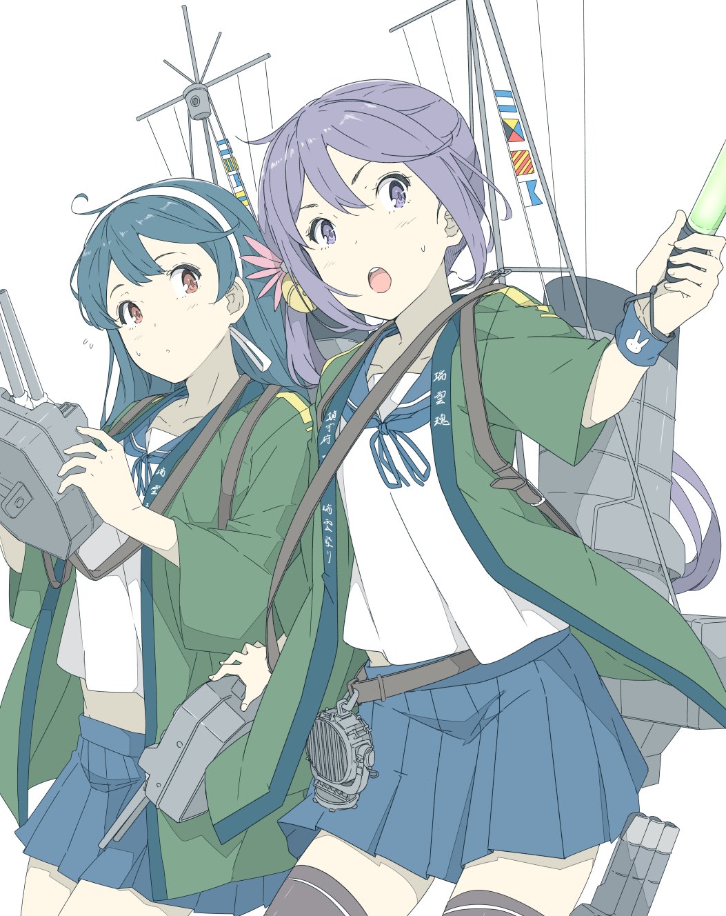 2girls ahoge akebono_(kantai_collection) bangs bell blue_hair blue_skirt breasts brown_eyes clothes_writing flag flower flying_sweatdrops hair_bell hair_flower hair_ornament happi highres holding japanese_clothes kantai_collection long_hair multiple_girls ninimo_nimo open_mouth pleated_skirt ponytail purple_hair rigging sailor_collar school_uniform searchlight serafuku side_ponytail simple_background skirt sweat sweatdrop thigh-highs torpedo torpedo_tubes ushio_(kantai_collection) violet_eyes white_background