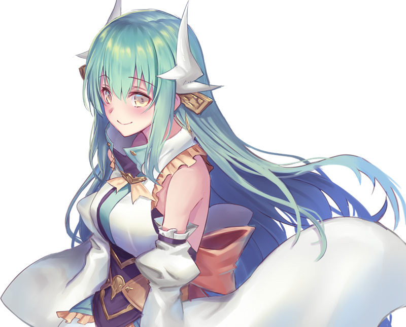 1girl blush bow commentary_request detached_sleeves dragon_girl dragon_horns eyebrows_visible_through_hair fate/grand_order fate_(series) green_hair horns japanese_clothes kiyohime_(fate/grand_order) long_hair looking_at_viewer oukawa_yuu smile solo upper_body very_long_hair yellow_bow yellow_eyes