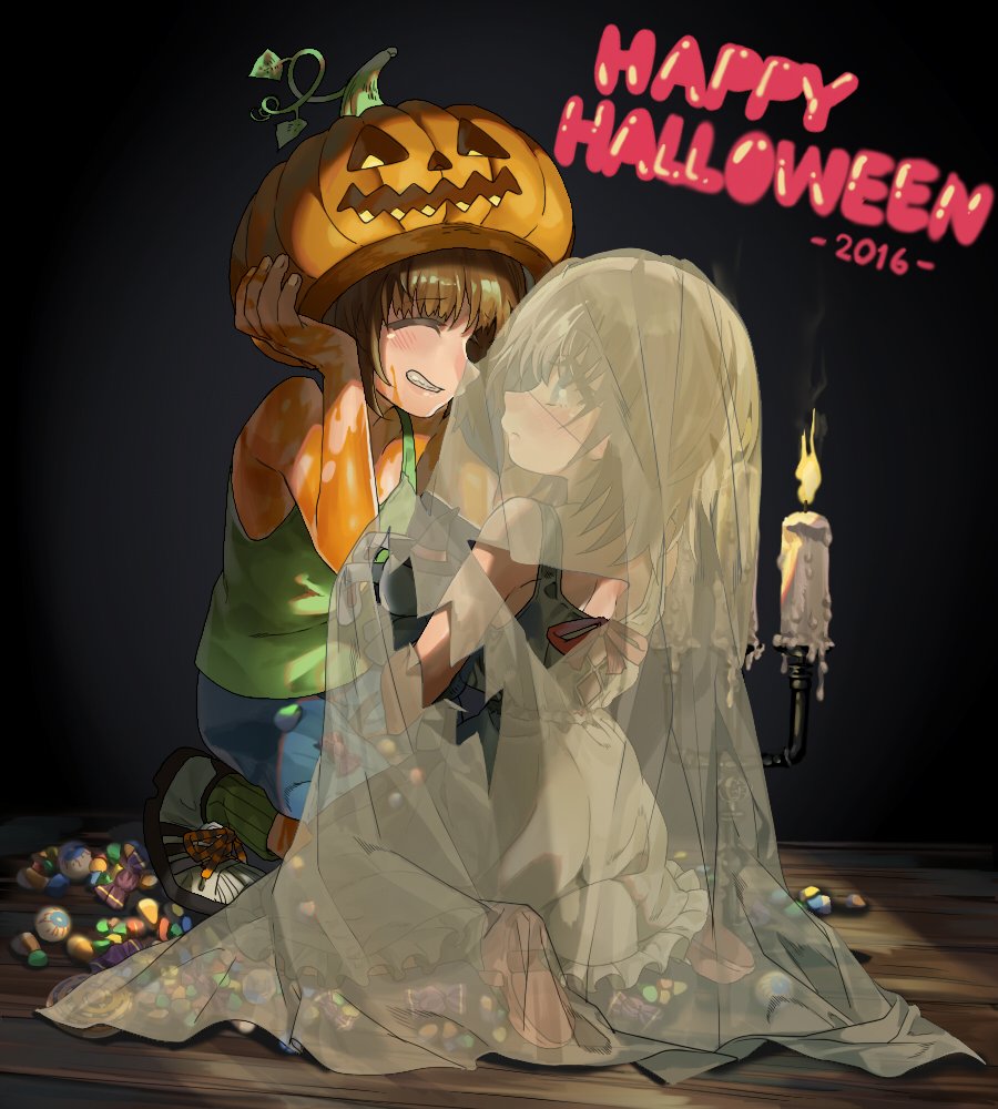 2016 2girls adjusting_headwear black_dress blue_shorts blush candle candlestand candy closed_eyes closed_mouth commentary dark dress eyebrows_visible_through_hair food frilled_dress frills ghost_costume girls_und_panzer green_legwear green_shirt grin halloween halloween_costume happy_halloween holding itsumi_erika jack-o'-lantern kneeling light_frown looking_at_viewer medium_dress multiple_girls nishizumi_miho pink_footwear shirt shoes shorts sitting sleeveless sleeveless_dress smile sneakers socks tank_top veerinly veil wariza white_footwear younger